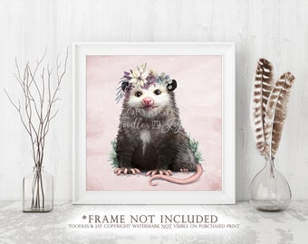 Ładny wydruk artystyczny Possum • Malowanie kwiatów Possum • Uroczy obraz Possum • Plakat z Oposem • Sztuka ścienna Possum
