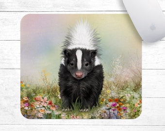 Skunk in Flowers Painting Mouse Pad • Skunk Painting Mouse Pad • Cute Skunk With Flowers Mouse Pad • Baby Skunk Mouse Pad