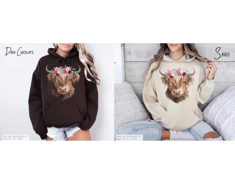 Puede incluir: Dos mujeres con sudaderas con capucha con un dise&ntilde;o de vaca Highland coronada con flores. La sudadera con capucha de la izquierda es de color marr&oacute;n chocolate oscuro y la sudadera con capucha de la derecha es de color arena.