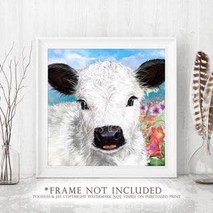 Miniature White Galloway Calf Art Print • White Calf Painting • Baby Cow Picture • Mini Cow Poster • Cute Cow Wall Art