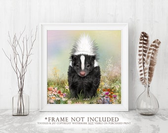 Skunk in Flowers Art Print • Flower Skunk Painting • Cute Skunk Picture • Baby Skunk Poster • Skunk Wall Art