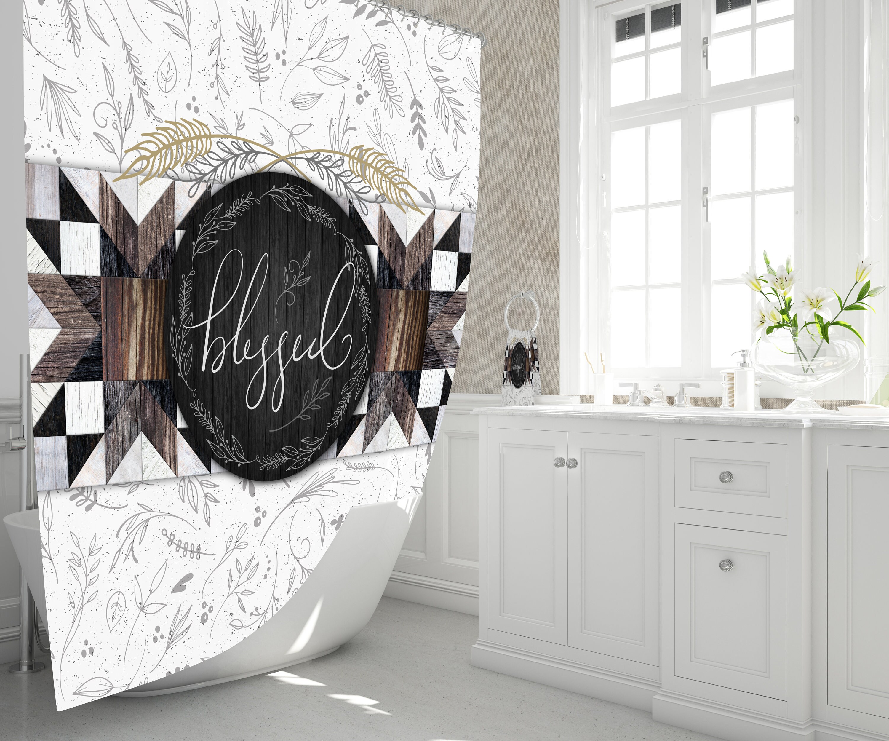 Farmhouse Blessed Shower Curtain Christian Shower Curtain Etsy