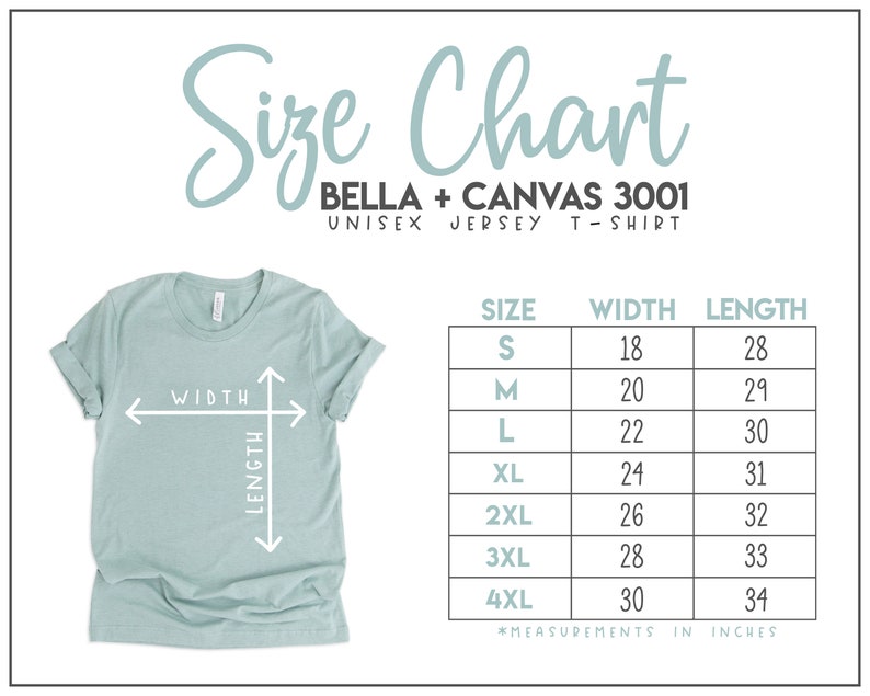 K&ouml;nnte beinhalten: Gr&ouml;&szlig;entabelle f&uuml;r Bella + Canvas 3001 Unisex-Jersey-T-Shirts. Die Tabelle zeigt die Breite und L&auml;nge in Zoll f&uuml;r die Gr&ouml;&szlig;en S bis 4XL.