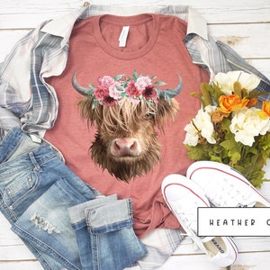 Highland Cow T-Shirt (available in 9 colors) • Highland Cow Art Shirt • Highland Cow with Flowers T-Shirt • Highland Cow Portrait T-Shirt