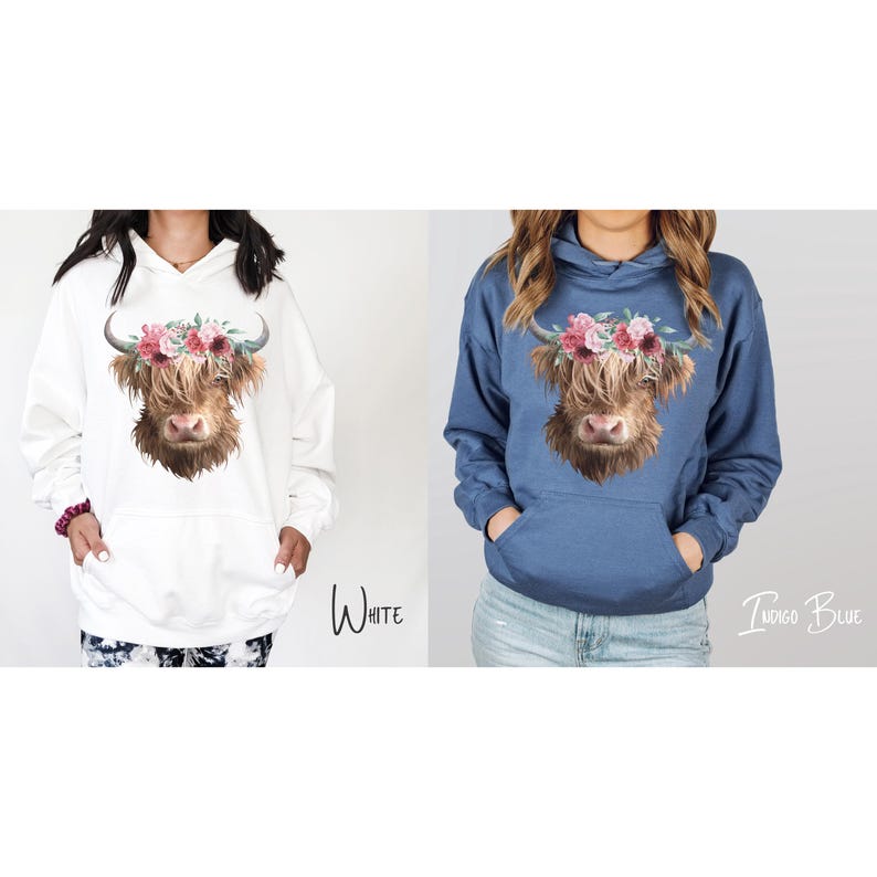Puede incluir: Dos sudaderas con capucha con un gr&aacute;fico de vaca de las tierras altas con una corona de flores. Una sudadera es blanca y la otra es azul &iacute;ndigo.