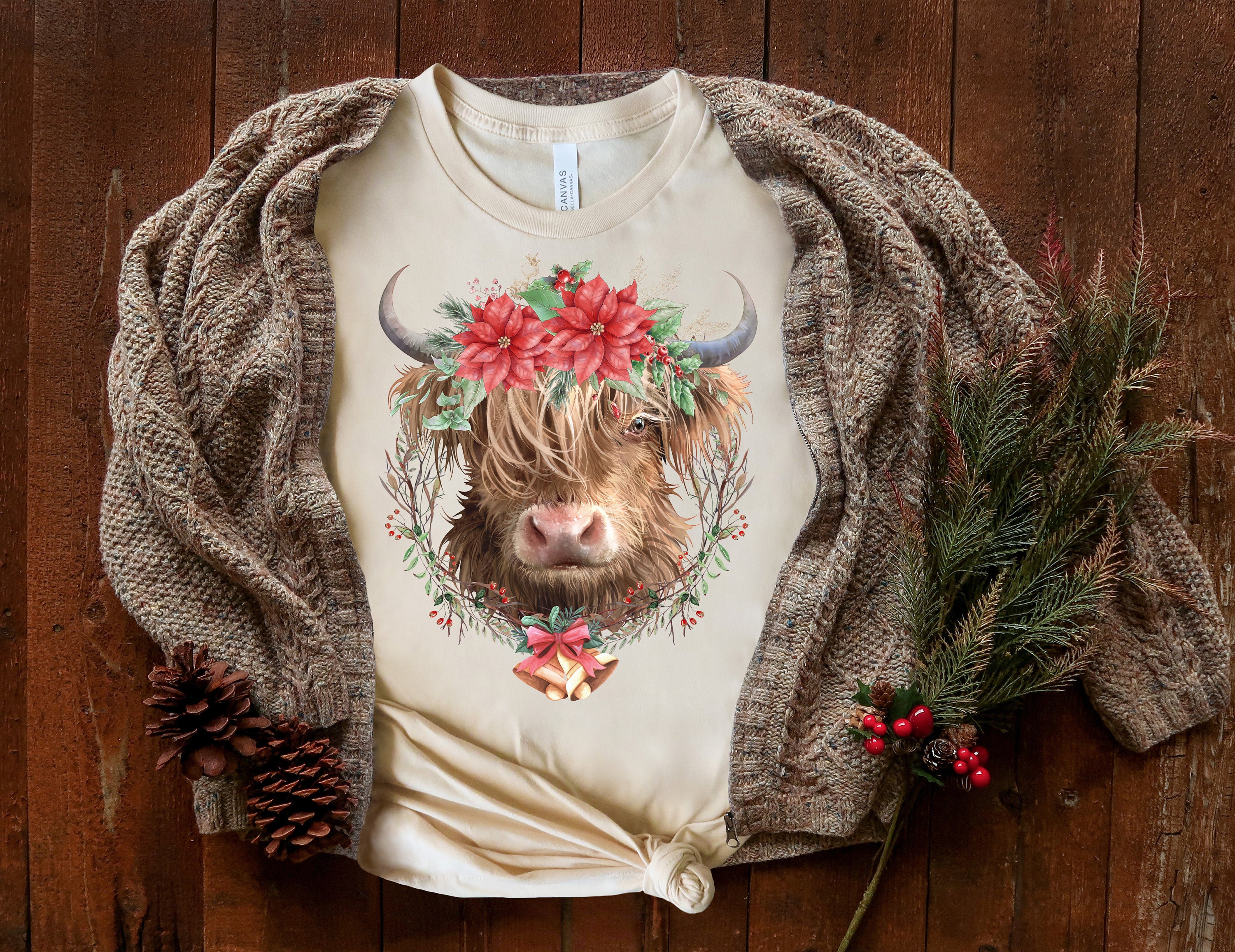 Christmas Highland Cow T-Shirt available in 12 colors | Etsy