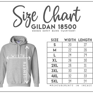 Puede incluir: Tabla de tallas para sudadera con capucha de mezcla pesada Gildan 18500. La tabla muestra las tallas S a 5XL con las medidas de ancho y largo correspondientes en pulgadas.