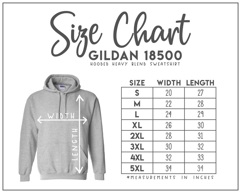 Puede incluir: Tabla de tallas para sudadera con capucha de mezcla pesada Gildan 18500. La tabla muestra las tallas S a 5XL con las medidas de ancho y largo correspondientes en pulgadas.