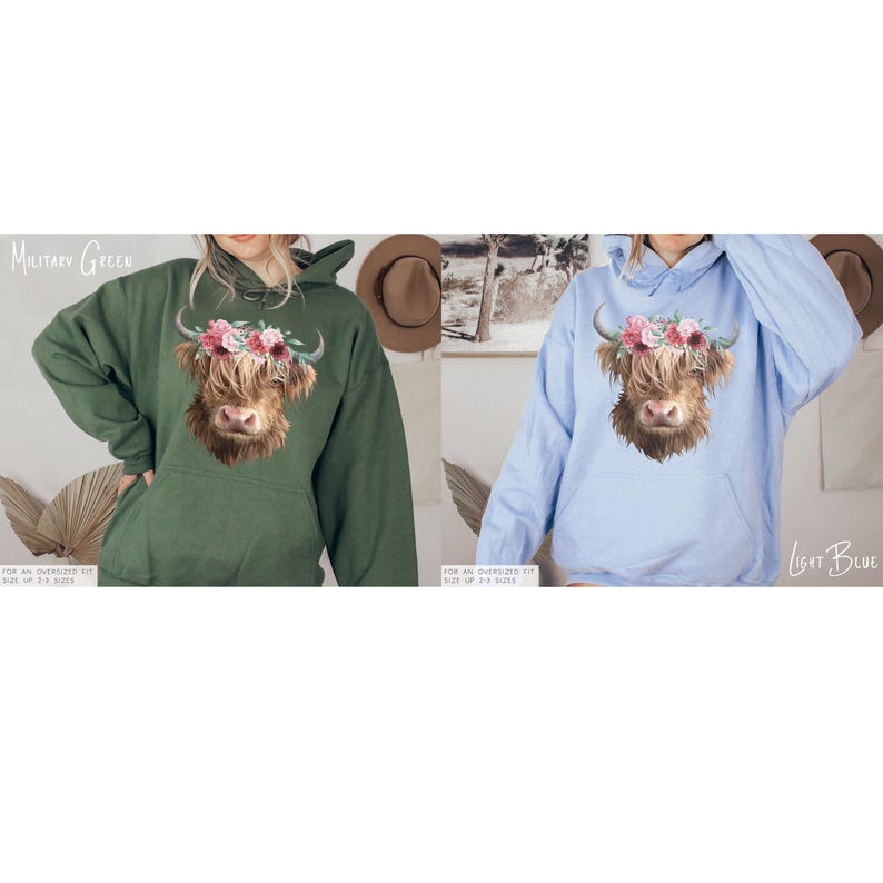 Puede incluir: Dos sudaderas con capucha con un gr&aacute;fico de una vaca Highland coronada con flores. La sudadera de la izquierda es verde militar y la sudadera de la derecha es azul claro.