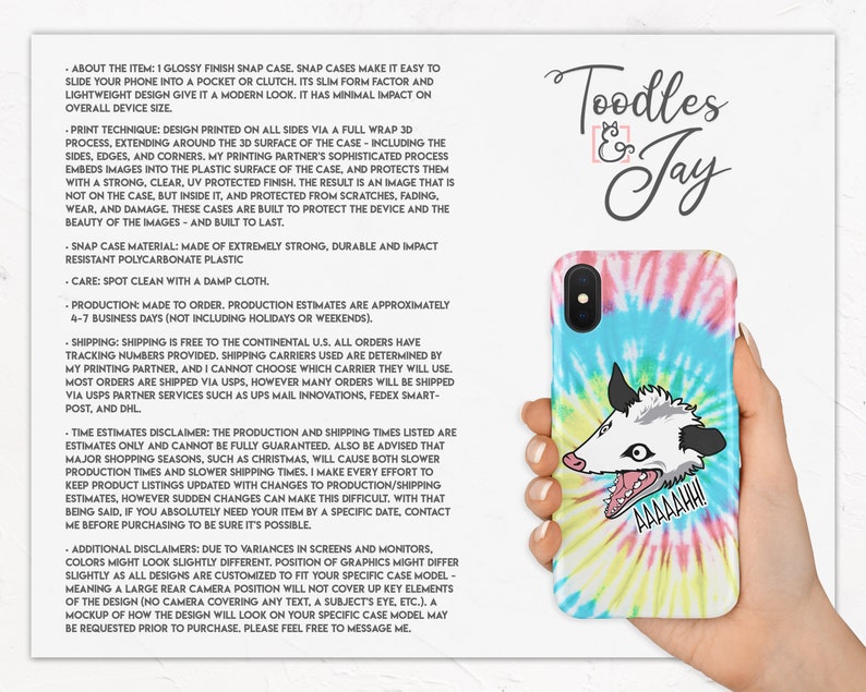 K&ouml;nnte beinhalten: Eine farbenfrohe Tie-Dye-Handyh&uuml;lle mit einem Comic-Opossum mit dem Text "AAAAAHH!" darauf gedruckt. Die H&uuml;lle ist f&uuml;r ein Smartphone konzipiert und hat eine gl&auml;nzende Oberfl&auml;che. Die H&uuml;lle ist aus strapazierf&auml;higem Kunststoff gefertigt und soll das Telefon vor Kratzern und Besch&auml;digungen sch&uuml;tzen.