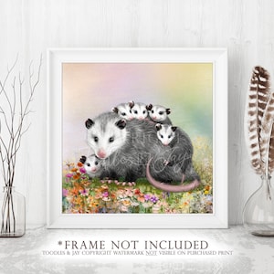 Possum Mom with Babies Art Print • Mother Possum Painting • Cute Possum Picture • Opossum Poster • Baby Possum Wall Art