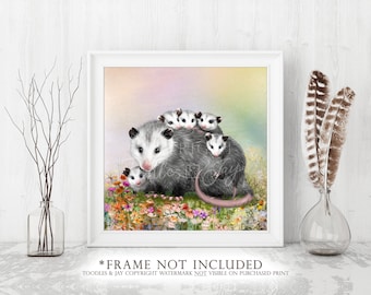 Possum Mom with Babies Art Print • Matka Opos Malowanie • Uroczy Obraz Opos • Plakat Opos • Sztuka Ścienna Mały Opos