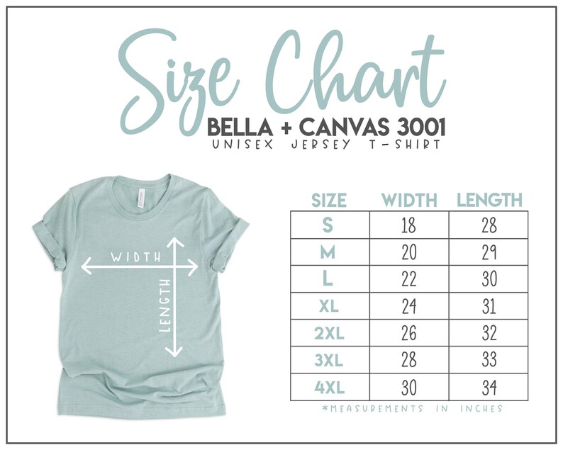 K&ouml;nnte beinhalten: Hellgr&uuml;nes Unisex-Jersey-T-Shirt mit Gr&ouml;&szlig;entabelle. Die Tabelle listet die Gr&ouml;&szlig;en S bis 4XL mit den entsprechenden Breiten- und L&auml;ngenma&szlig;en in Zoll auf. Der Text "Size Chart" und "BELLA + CANVAS 3001" sind ebenfalls sichtbar.