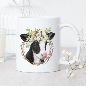 Holsteiner Kalb Gemälde Tasse • Kuh Kunst Tasse • Schwarzweiß Kuh Tasse • Baby Kuh mit Blumen Tasse
