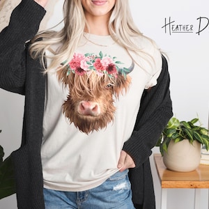 Highland Cow T-Shirt (available in 9 colors) • Highland Cow Art Shirt • Highland Cow with Flowers T-Shirt • Highland Cow Portrait T-Shirt