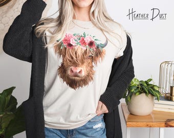 Highland Kuh T-Shirt (erhältlich in 9 Farben) • Highland Kuh Art Shirt • Highland Kuh mit Blumen T-Shirt • Highland Kuh Portrait T-Shirt