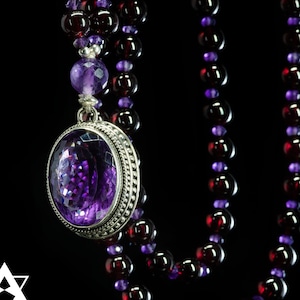 GARNET japa mala beads with faceted AMETHYST guru set in sterling silver-gemstone necklace-gift for her-gift for him