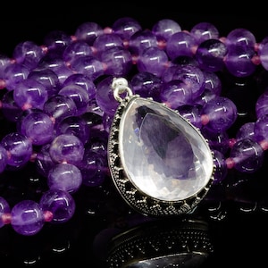 Sterling silver gemstone japa mala - 108 AMETHYST beads with faceted ROSE QUARTZ - prayer beads, meditation necklace, crystal pendant