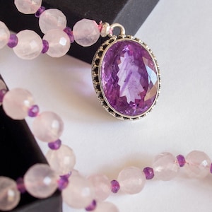 ROSE QUARTZ mala necklace with AMETHYST, buddhist mala, month amethyst