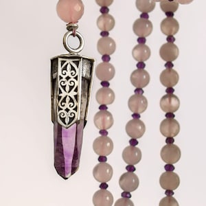 AMETHYST crystal point mala beads with ROSE QUARTZ necklace - one of a kind - handmade