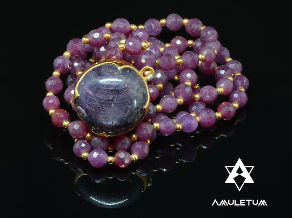 Genuine 108 RUBY japa mala beads necklace with large RUBY guru set in  vermeil yellow Gift for