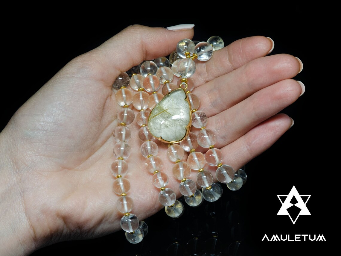 108 Crystal QUARTZ Japa Mala Beads With RUTILATED QUARTZ Cabochon Set