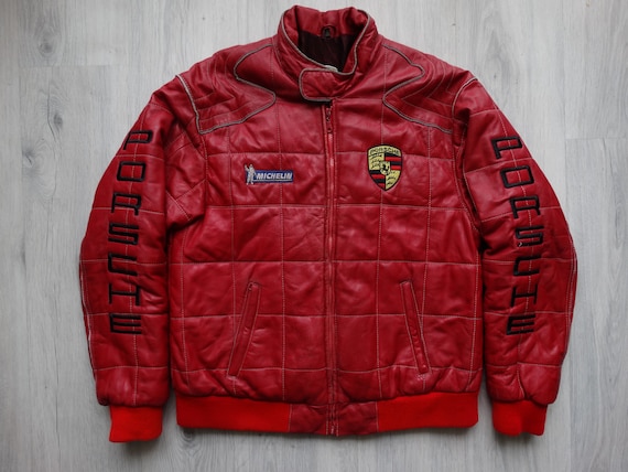 Vintage Porsche Red leather racing bomber jacket ,
