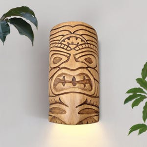 Tiki Mask Downlight Wall Sconce – Outdoor Wet Rated Dark Sky Handmade Ceramic Tiki Lamp for Outdoor Patio and Tiki Bar | 12” Tall