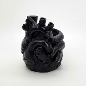 Può includere: Un vaso da fiori a forma di cuore anatomico nero. Il vaso è realizzato in materiale nero opaco liscio e presenta un design anatomico dettagliato.