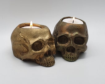 BRONZE Human Realistic Skull Tealight Holders - Set of 2 - Goth Halloween Art Candle Tea Light Holder Handmade Home Gift