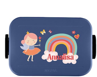 Mepal Take a break midi Lunchbox Brotdose mit Name | Personalisierte Brotdose mit niedlicher Fee und buntem Regenbogen