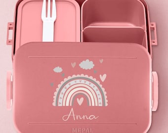 Personalisierte Mepal Take a break Brotdose | Bento Brotdose mit Fächern mit niedlichem Regenbogen für Kita, Kindergarten Schule | Lunchbox