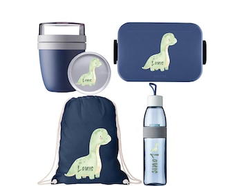 Personalized Dino Mepal lunch box with Bento insert & water bottle, lunchpot as a set for kindergarten and school | Complete series