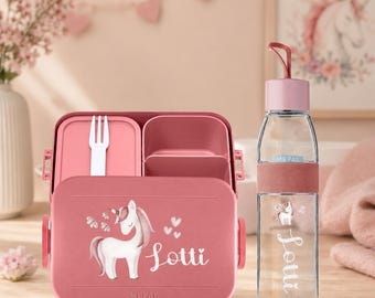 Einhorn Brotdose und Flasche mit Namen personalisert zum Schulanfang oder Kitastart