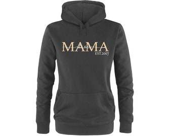 Suéter de mamá con nombre y fecha deseados / sudadera con capucha para mamás con nombres de niños y año de nacimiento | Sudadera con capucha personalizada para mamá