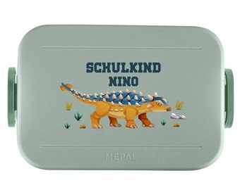Mepal Take a break Lunchbox mit Wunschname / Personalisierte Bento Brotdose mit coolem Dino Motiv für Kita, Kindergarten und Schule