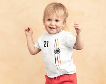 Maglietta retrò per tifosi della Germania per bambini | WM EM Bombardiere Pampers | T-shirt da neonato con nome e numero desiderato in cotone biologico a maniche corte e lunghe