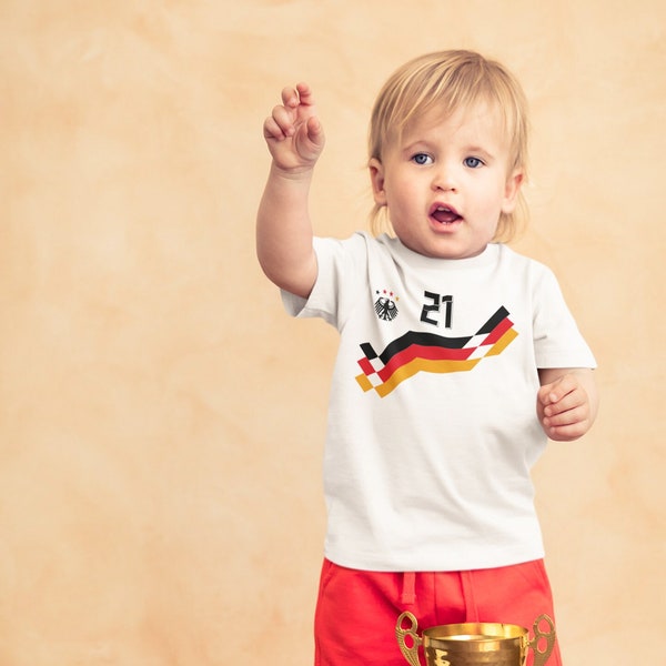 Retro Deutschland Fan Shirt für Kinder | WM EM Windel Bomber | Motiv 10 | Wunschname und Nummer Baby T-Shirt Kurz & Langarm Bio Baumwolle