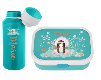 Mepal Brotdose & Trinkflasche als Set mit Name | Personalisierte Brotdose mit Bento Einsatz und Wasserflasche mit niedlicher Meerjungfrau