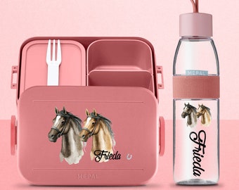 Mepal Nordic Take a break Brotdosen-Set mit Pferden und Wunschnamen | Personalisierte Lunchbox & Wasserflasche für Kita,Kindergarten, Schule