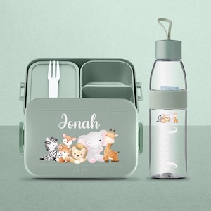 Coffret à lunch Mepal avec animaux de safari avec nom souhaité | Boîte à lunch et bouteille d'eau personnalisées pour garderie, maternelle, école