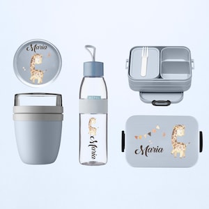 Coffret Mepal personnalisé avec une jolie girafe | Boîte à lunch en forme de bouteille | Bouteille et boîte à lunch pour l'école, la maternelle, le travail et la garderie