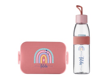 Mepal take a break midi lunch box set with cute rainbow and desired name | Personalized lunch box bento box and bottle in a set