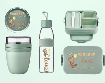 Personalisiertes Mepal Set  | Lunchpot, Flasche Lunchbox | Trinkflasche und Brotdose für Schule Kindergarten Arbeit Kita | Honigbär Bär