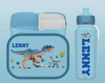 Personalisierte Mepal Brotdose & Trinkflasche als Set mit Bento Einsatz für Kita und Schule | Flip und Pop Up Wasserflasche mit Dino
