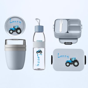 Coffret Mepal personnalisé avec tracteur bleu | Boite à lunch, gourde et boîte à lunch | Gourde et boîte à lunch pour l'école, la maternelle, le travail, la garderie