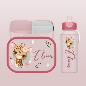 Personalized Mepal lunch box and drinking bottle set with bento insert for daycare and school | Flip and pop-up water bottle with giraffe
