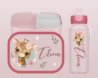 Personalisierte Mepal Brotdose & Trinkflasche als Set mit Bento Einsatz für Kita und Schule | Flip und Pop Up Wasserflasche mit Giraffe