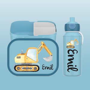 Boîte à lunch et gourde Mepal personnalisées en set avec insert bento pour la garderie et l'école | Motif de pelle cool avec le nom souhaité