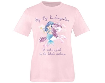 Schulkind Bye bye Kindergarten T-Shirt zur Einschulung 2023 | Schulanfang 2023 Abschiedsgeschenk Kindergarten mit Einhorn und Meerjungfrau